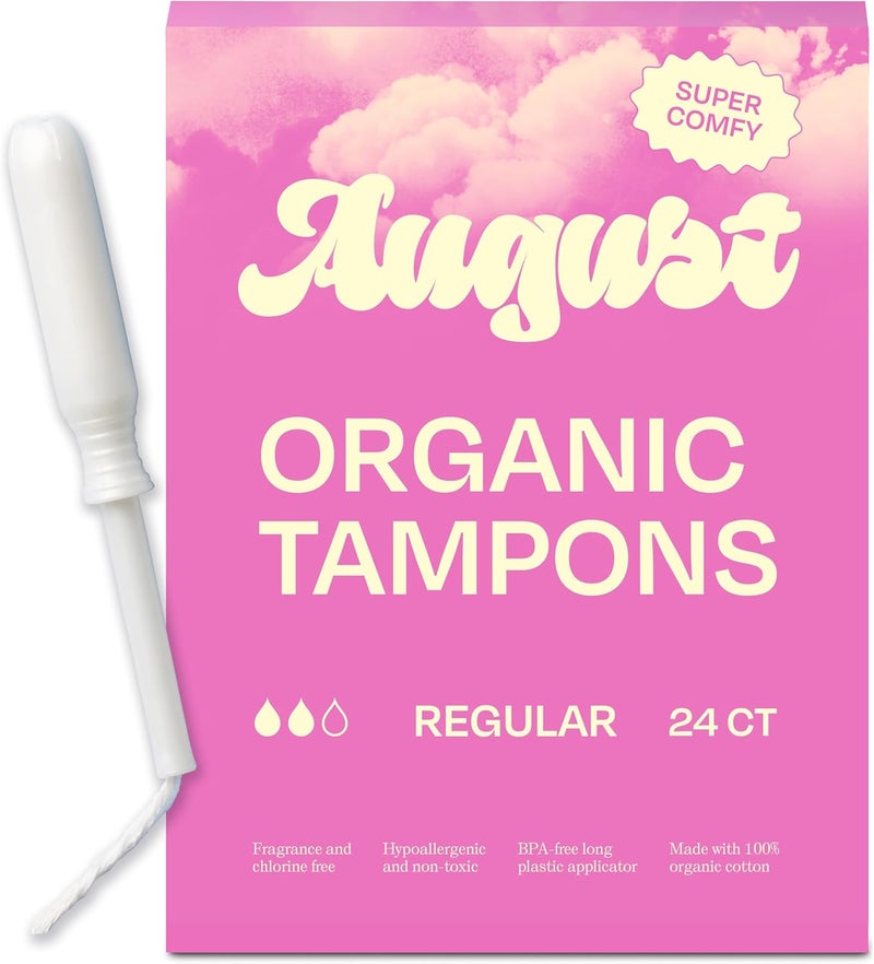 August Regular Tampons - 24-Pack 100% Organic Cotton Tampons for Women and Anyone Who Menstruates, Non-Toxic, Fragrance-Free, and Hypoallergenic with Long Applicators - Image 1